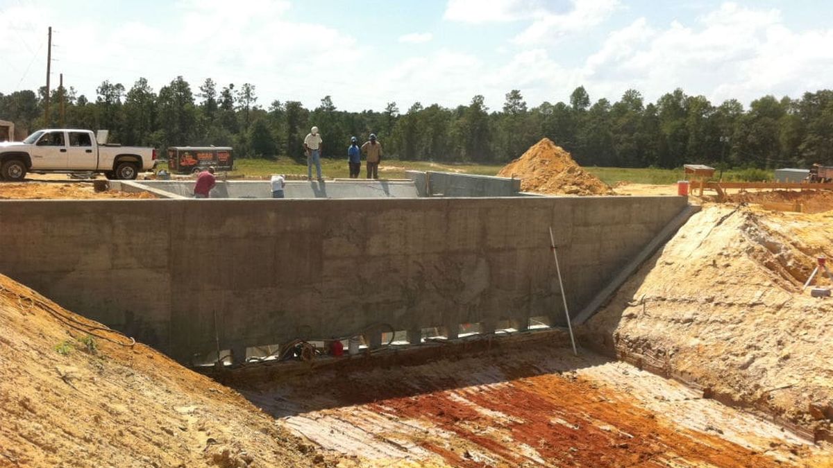 Cast-in-place concrete walls under construction at a municipal water treatment plant
