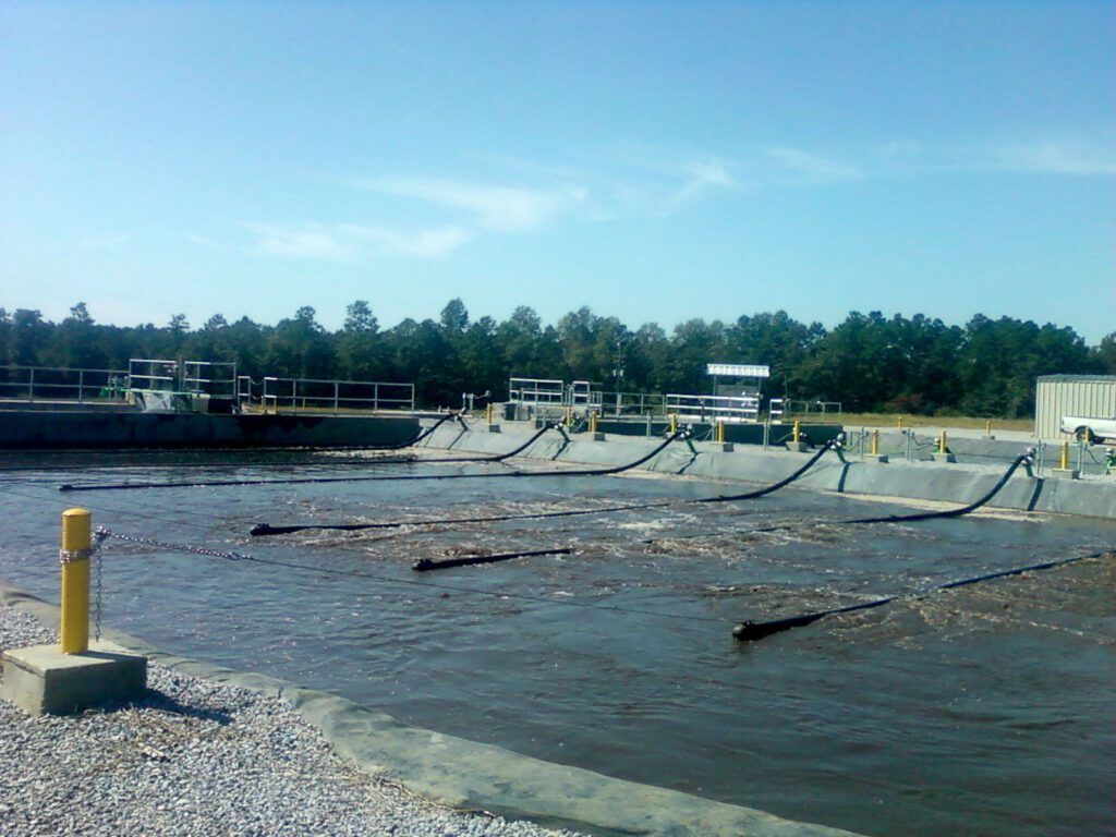 Completed basin and shoreline at a wastewater treatment plant